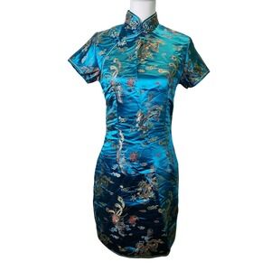 Dragon & Phoenix Teal Dragon Qipao Cheongsam Satin Mandarin Collar Dress XS S